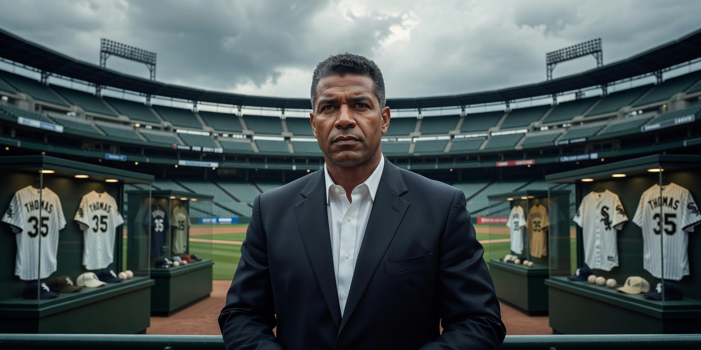 Professional editorial portrait of Hall of Famer Frank Thomas discussing his lawsuit against the White Sox, Nike, and Fanatics.