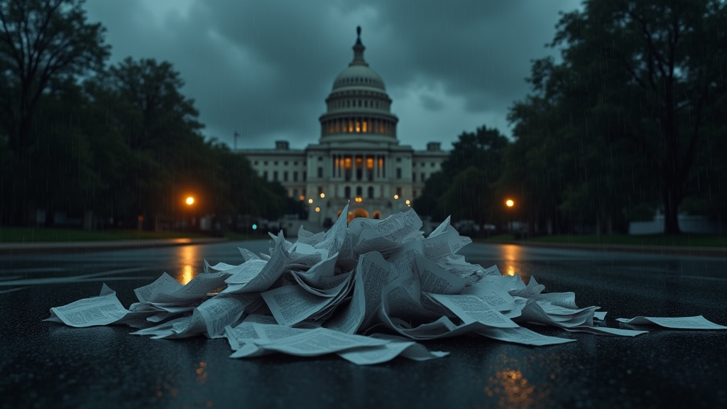 Cinematic wide-angle shot depicting the dual threats of escalating international conflict and a looming government shutdown, with a stormy sea and deserted airport security line.