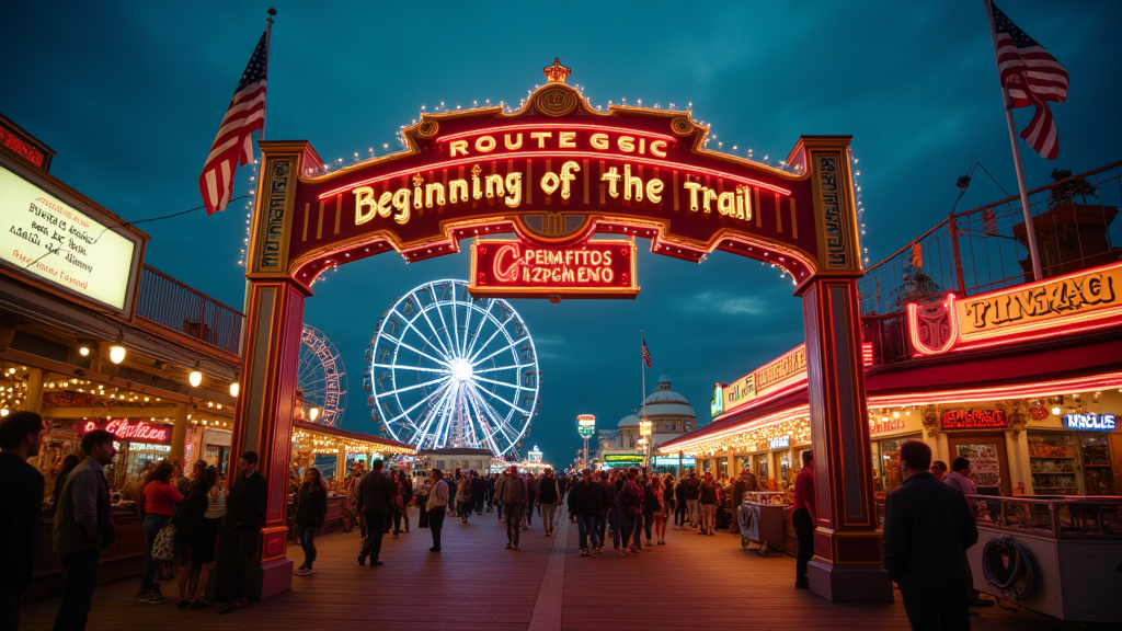 Cinematic wide-angle shot of Navy Pier, Chicago, featuring a Route 66 'Begin the Trail' sign and classic cars, representing the new start of the iconic highway.