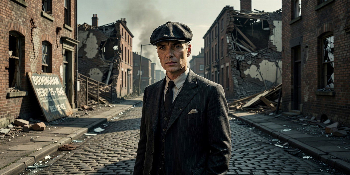 Cillian Murphy as Tommy Shelby in a powerful news portrait for 'Peaky Blinders: The Immortal Man', set against the backdrop of wartime Birmingham.